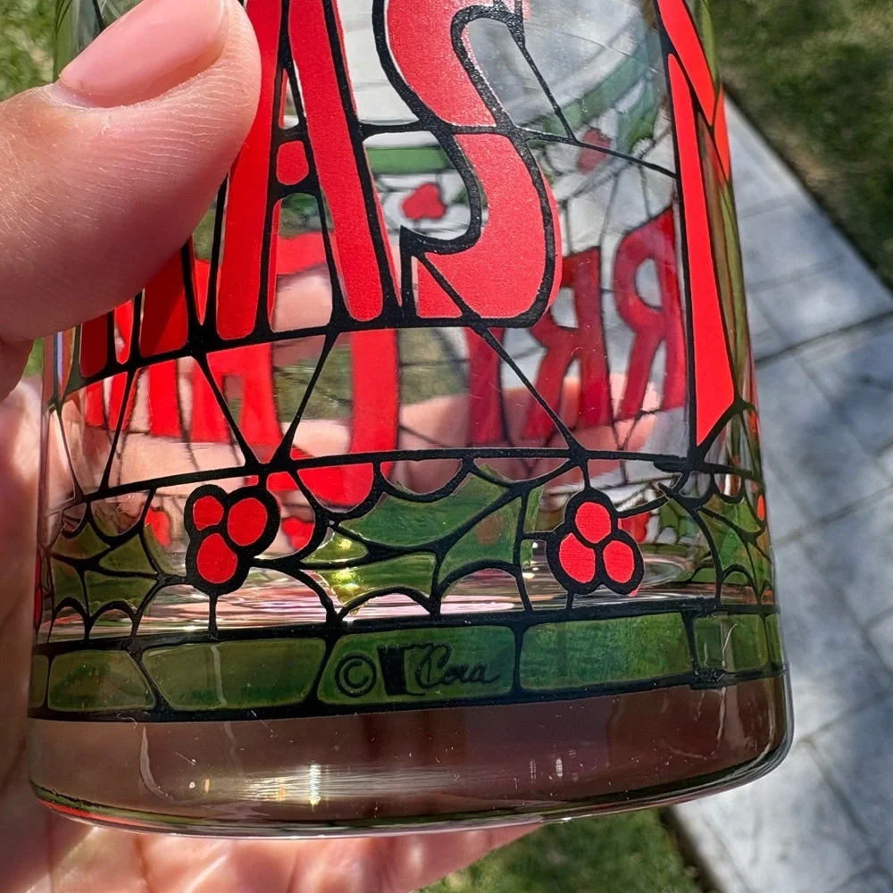 1970’s Cera Merry Christmas Holly Stained Glass Old Fashion Glasses Set of 4 EUC
